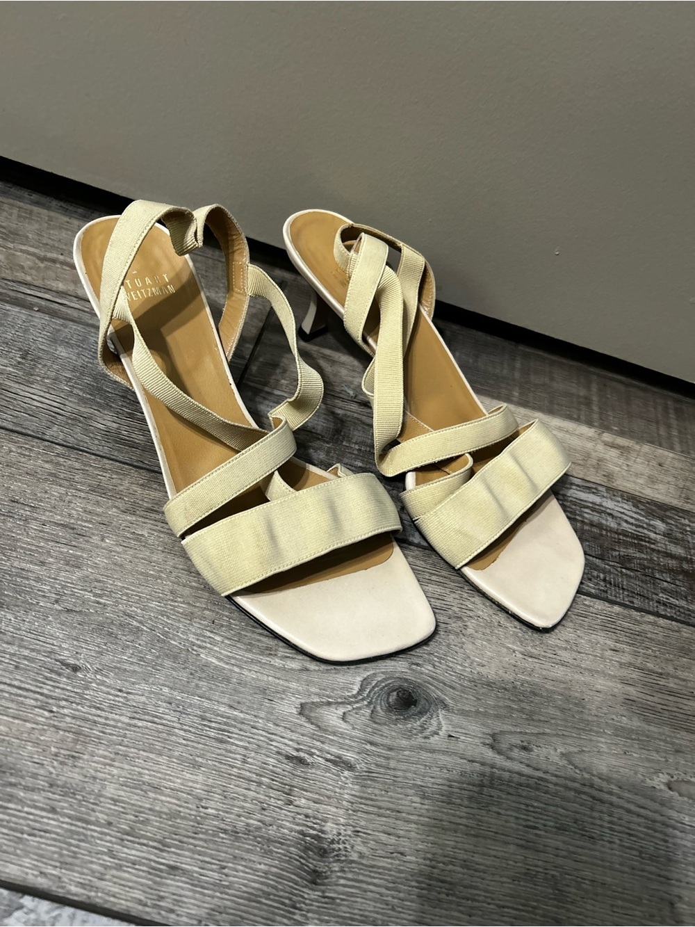 Stuart Weitzman Cream Strappy Square-Toe kitten-Heel Sandals